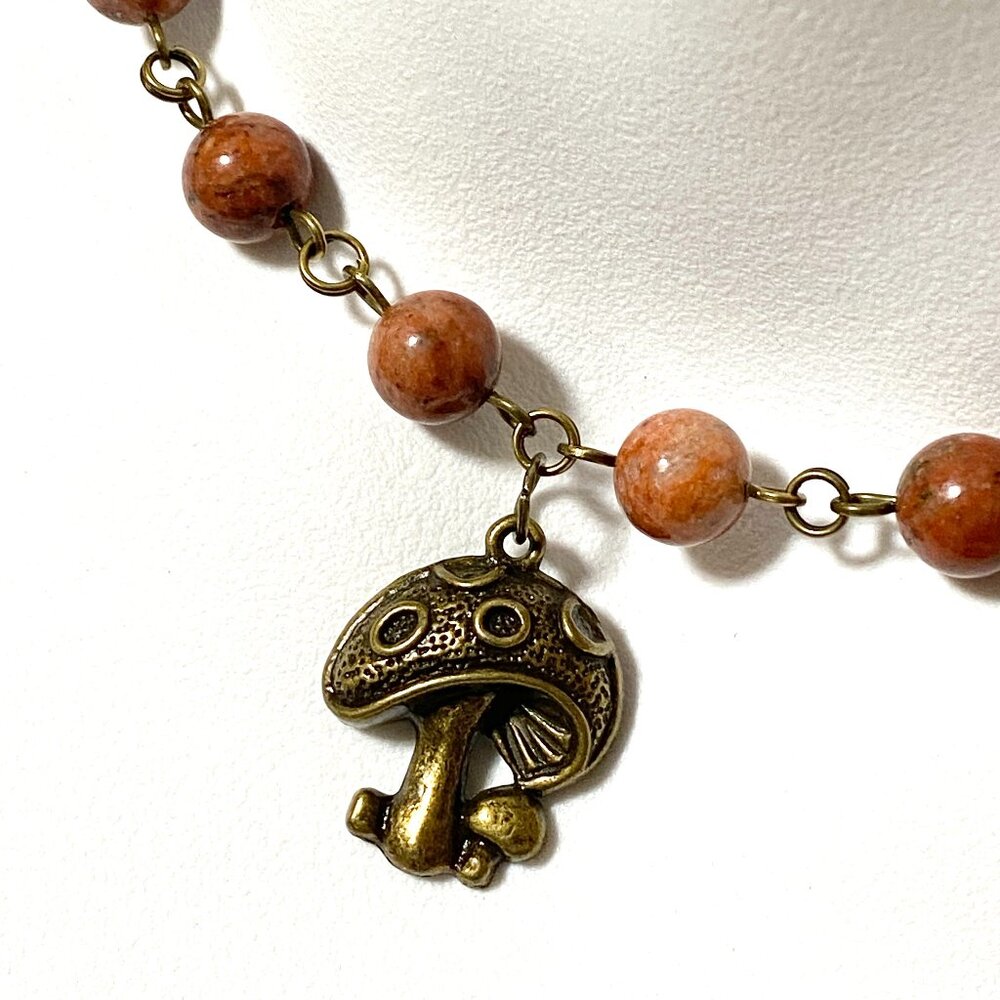 Genuine Red Jasper Short Necklace, Cute Bronze Round Mushroom + Natural Gemstone